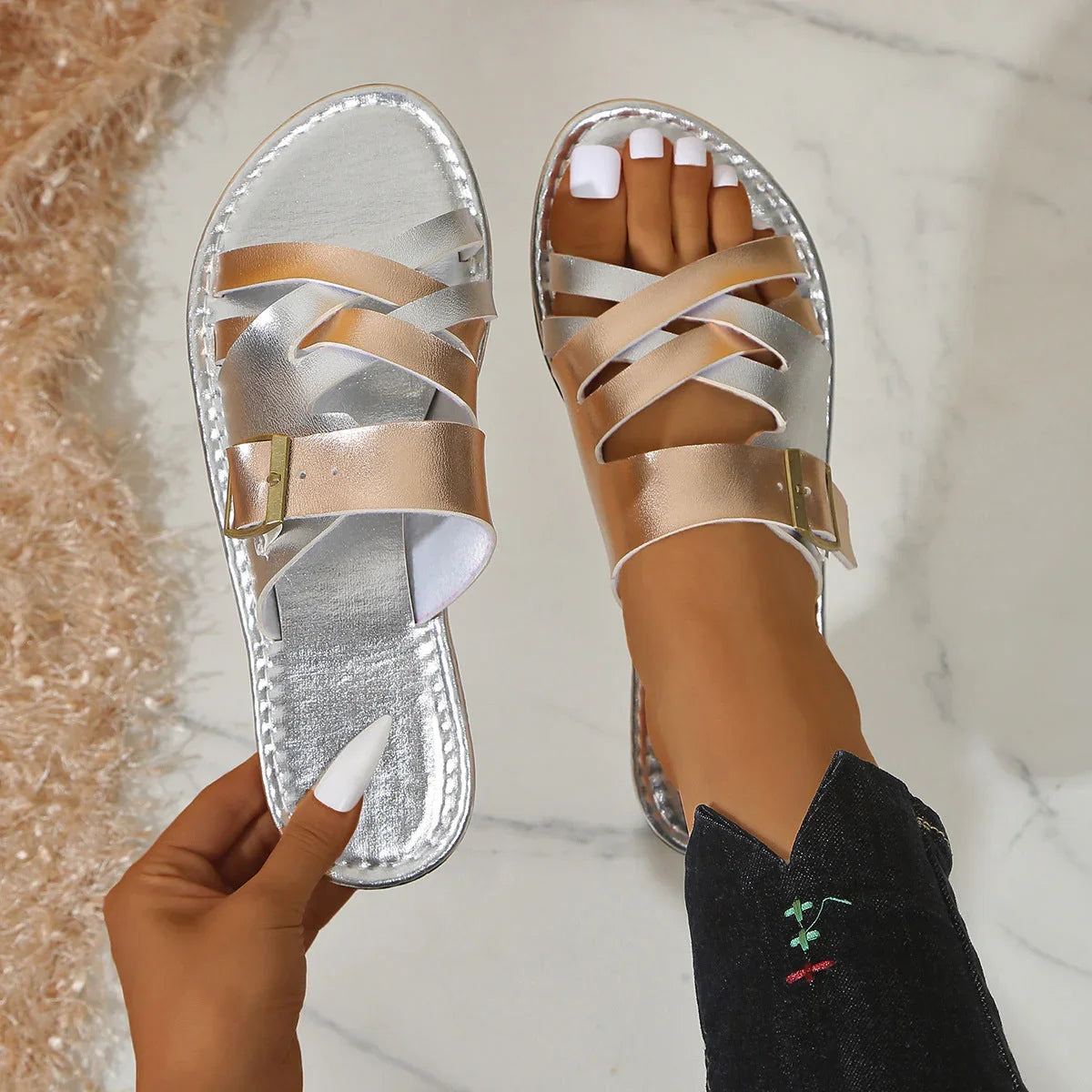Women's Color Matching Round Head Flat Plus Size Slippers - VAleG
