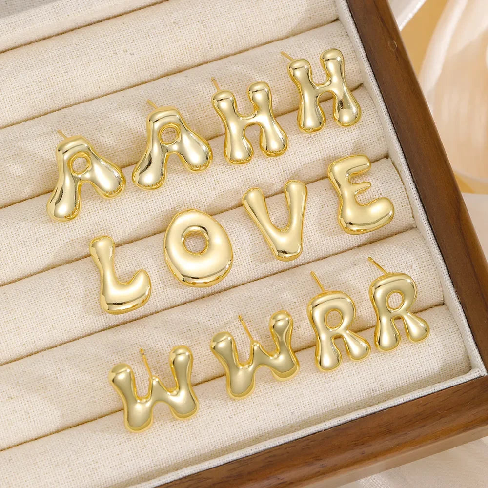 18K Gold-Plated Bubble Letter Stud Earrings - VAleG