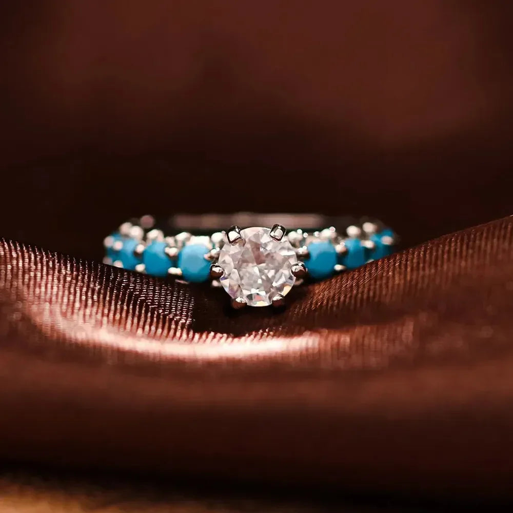 Inlaid Turquoise Zircon 925 Sterling Silver Ring - VAleG