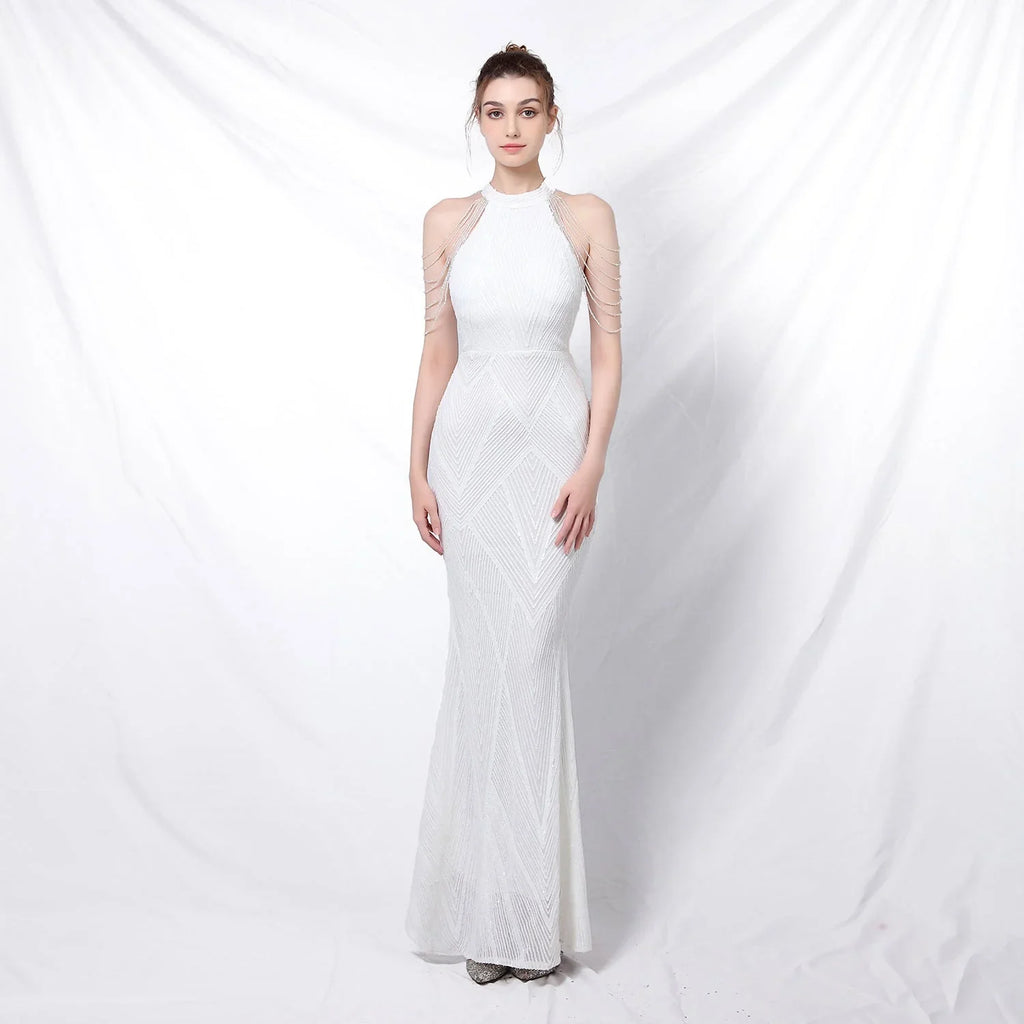 Backless Evening Dress Women Party Dress Long Wear Sequin Fabric Cheap - VAleG