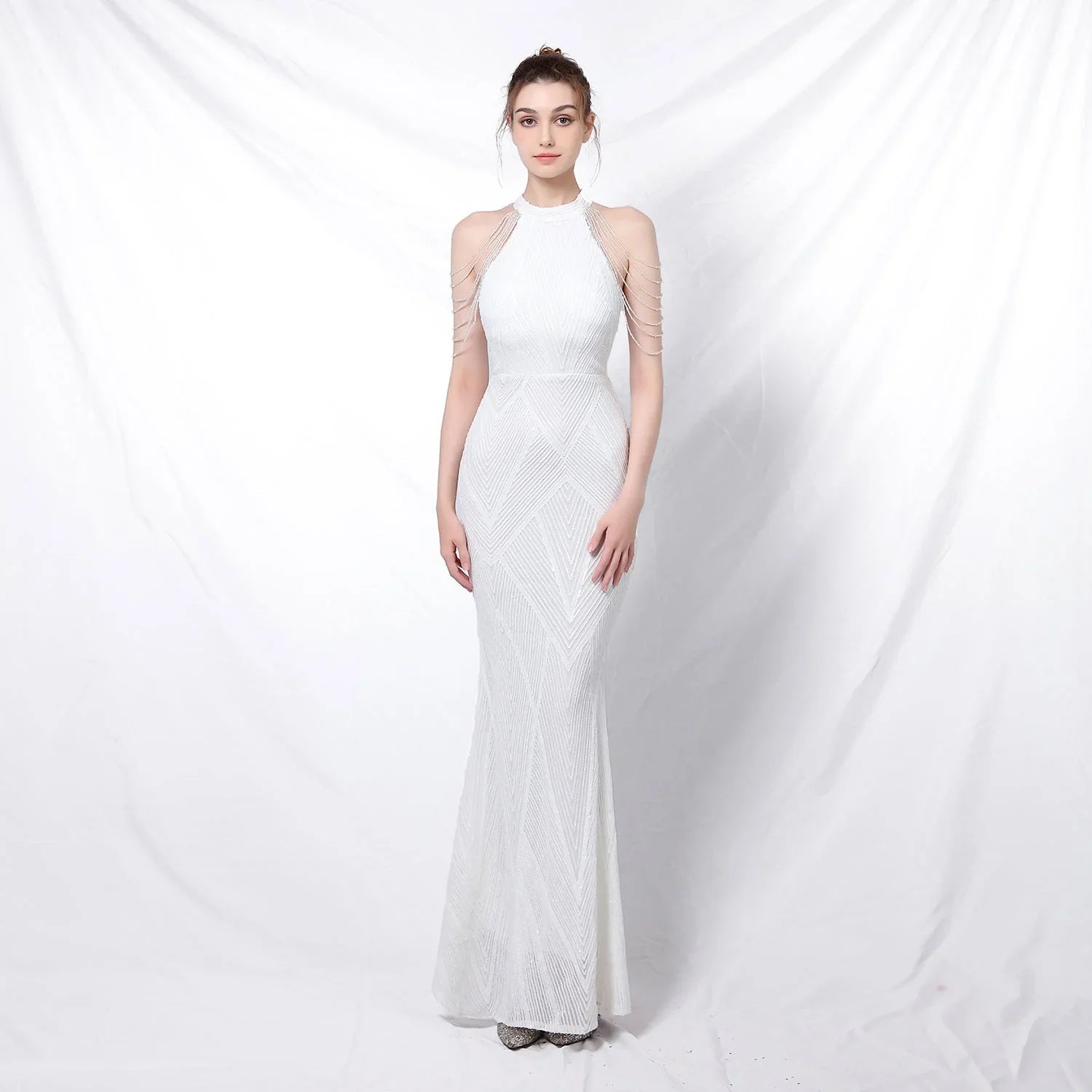 Backless Evening Dress Women Party Dress Long Wear Sequin Fabric Cheap - VAleG
