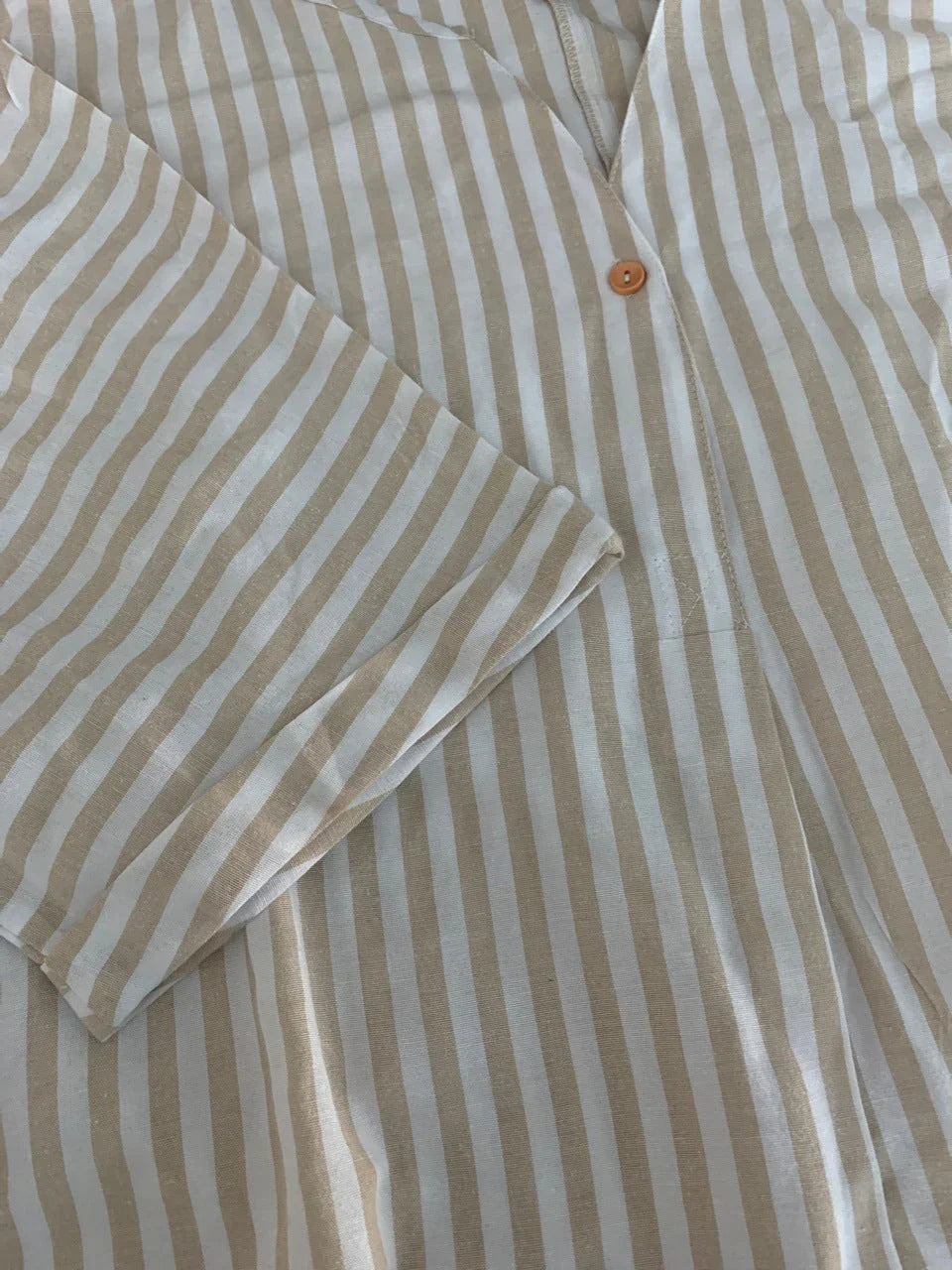 V-neck Striped Loose Short-sleeved Cotton And Linen Shirt - VAleG