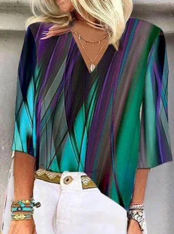 V Neck Printed Flare Sleeve T Shirt - VAleG