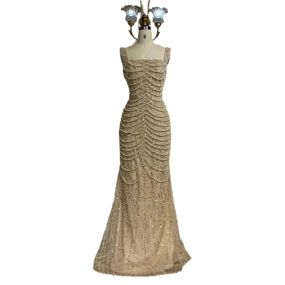Nude Elegant Sling Light Luxury High-end Pearl Beaded Dress - VAleG