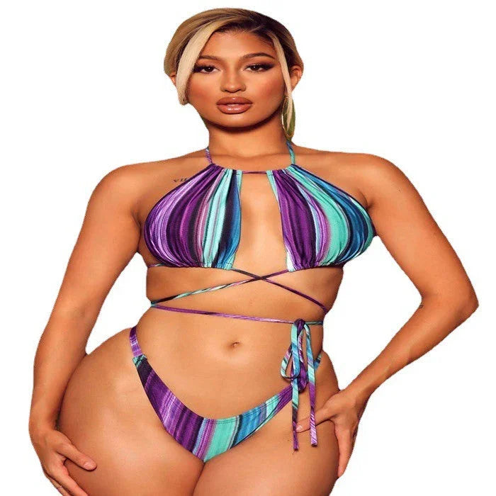 Swimsuit Beach Dress Striped Bikini - VAleG