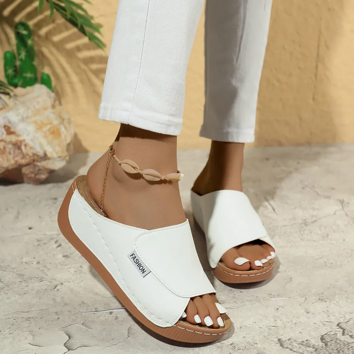 Summer Wedge Slides Slippers Fashion Fish Mouth Thick Bottom Roman Shoes Solid Color Beach Sandals For Women - VAleG