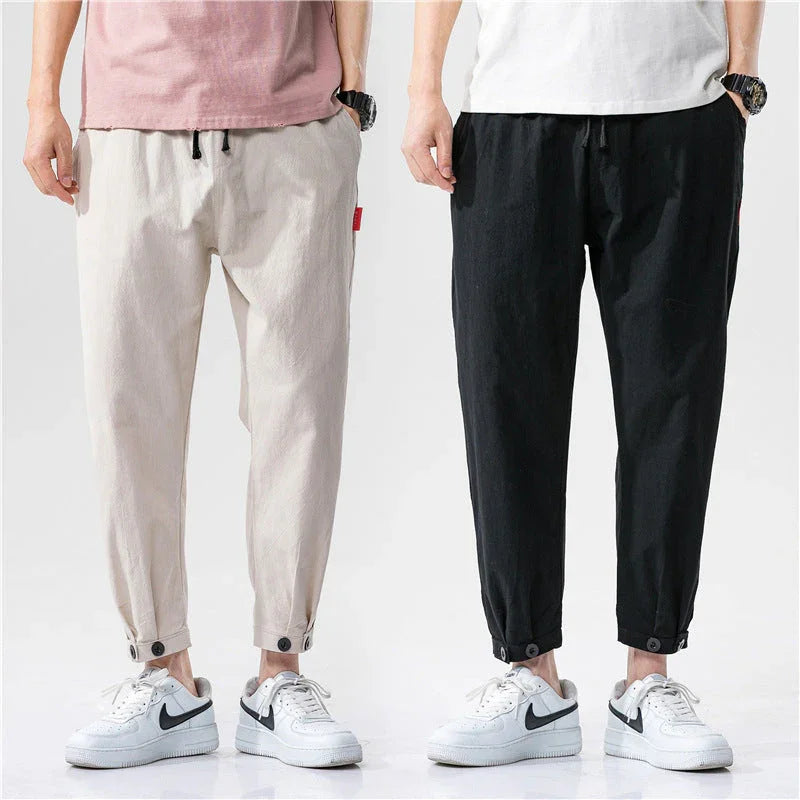 Men's Straight Casual Loose Cotton And Linen Cropped Pants - VAleG