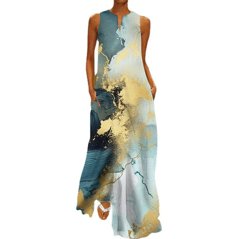 Printed V-neck Pocket Long Dress Swing - VAleG