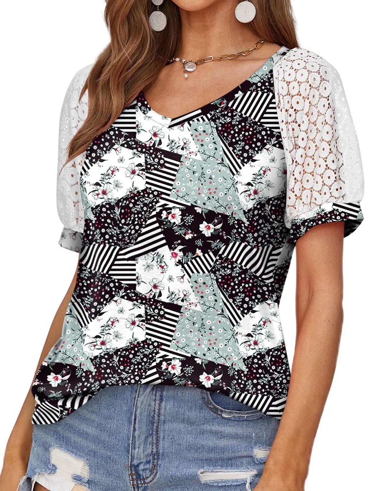 V-neck Lace Stitching Casual T-shirt For Women - VAleG
