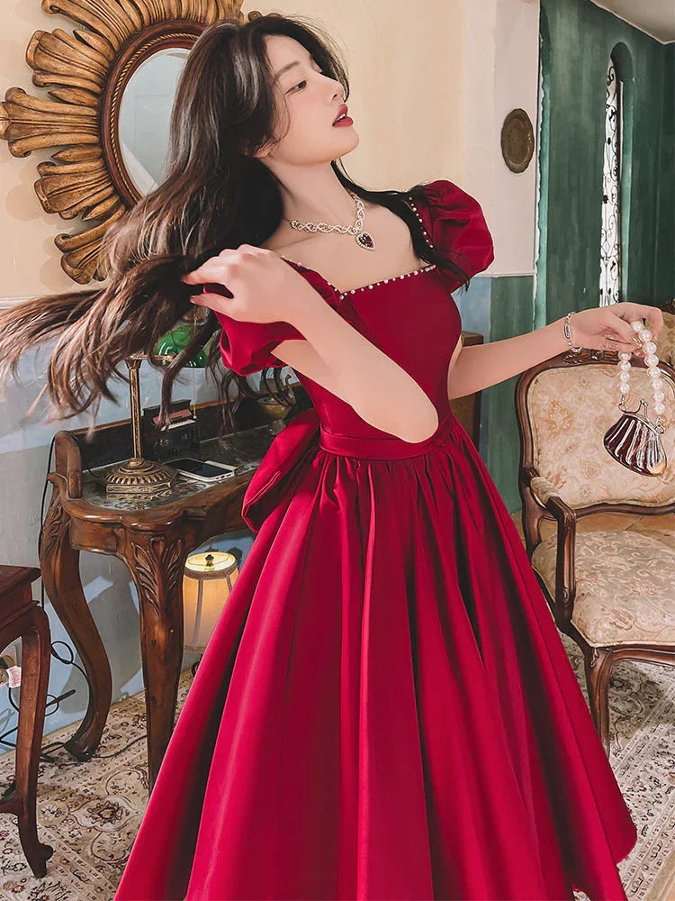 Winter Wine Red Engagement Daily French Princess On The Run Satin Dress - VAleG