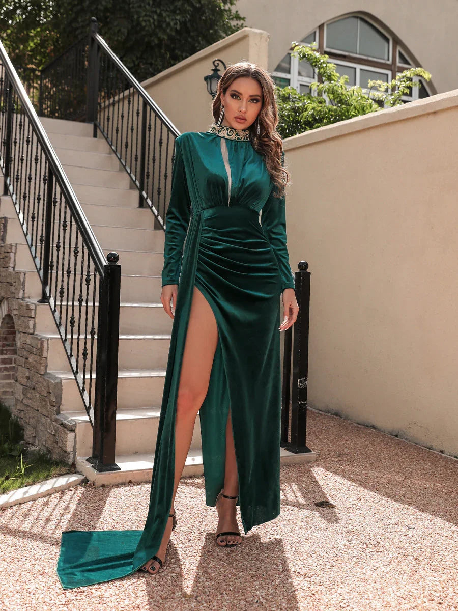 Women's Korean Velvet High Neck Sexy Evening Dress - VAleG