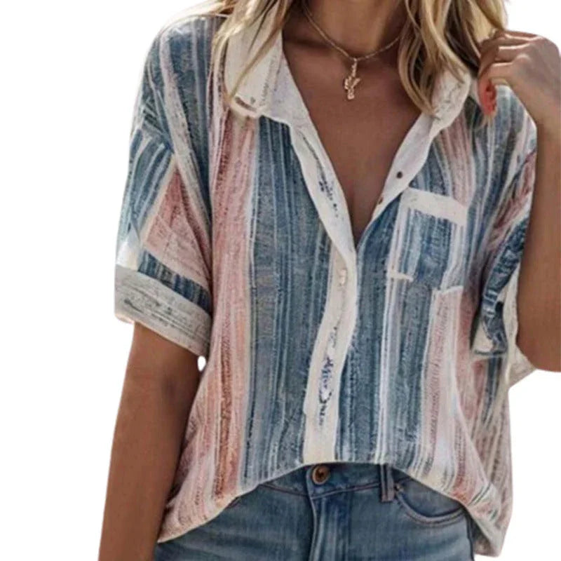 Women's Summer Temperament Contrast Color Striped Shirt - VAleG