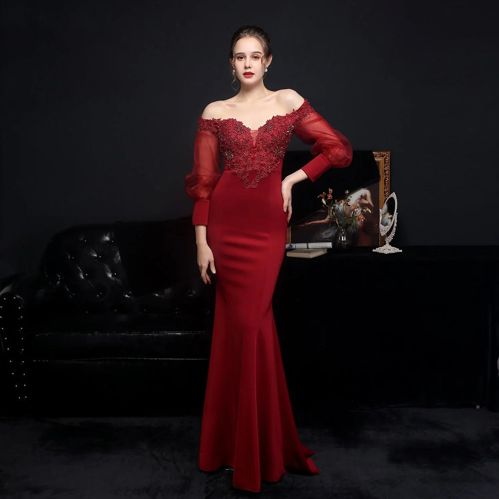 Full Craft Lace Hot Long-sleeved Evening Dress Tail Skirt - VAleG