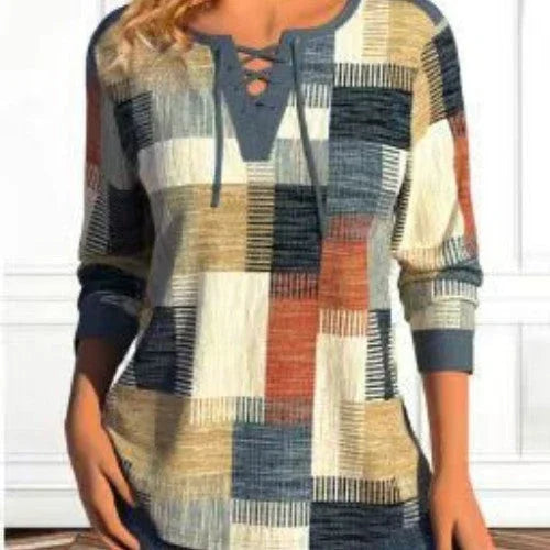 Printed Contrast Color V-neck Long Sleeve T-shirt - VAleG