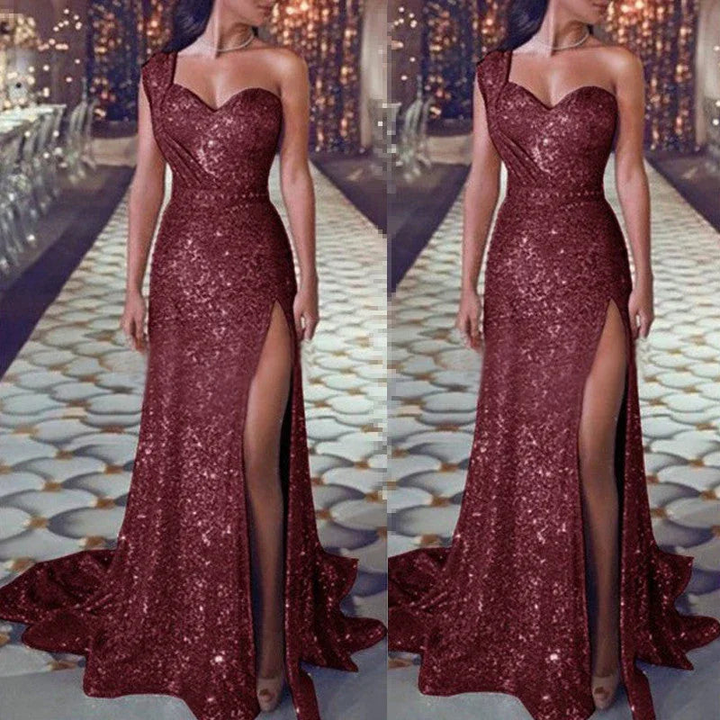 Women's Clothing One-shoulder Sleeveless Bronzing Split Dress - VAleG
