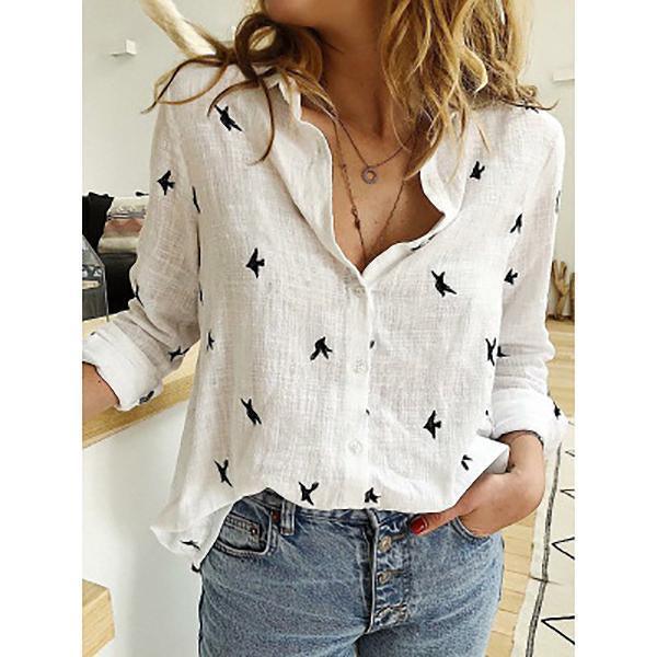 Spring And Autumn Print Casual Loose Long Sleeve Linen Shirt For Women - VAleG