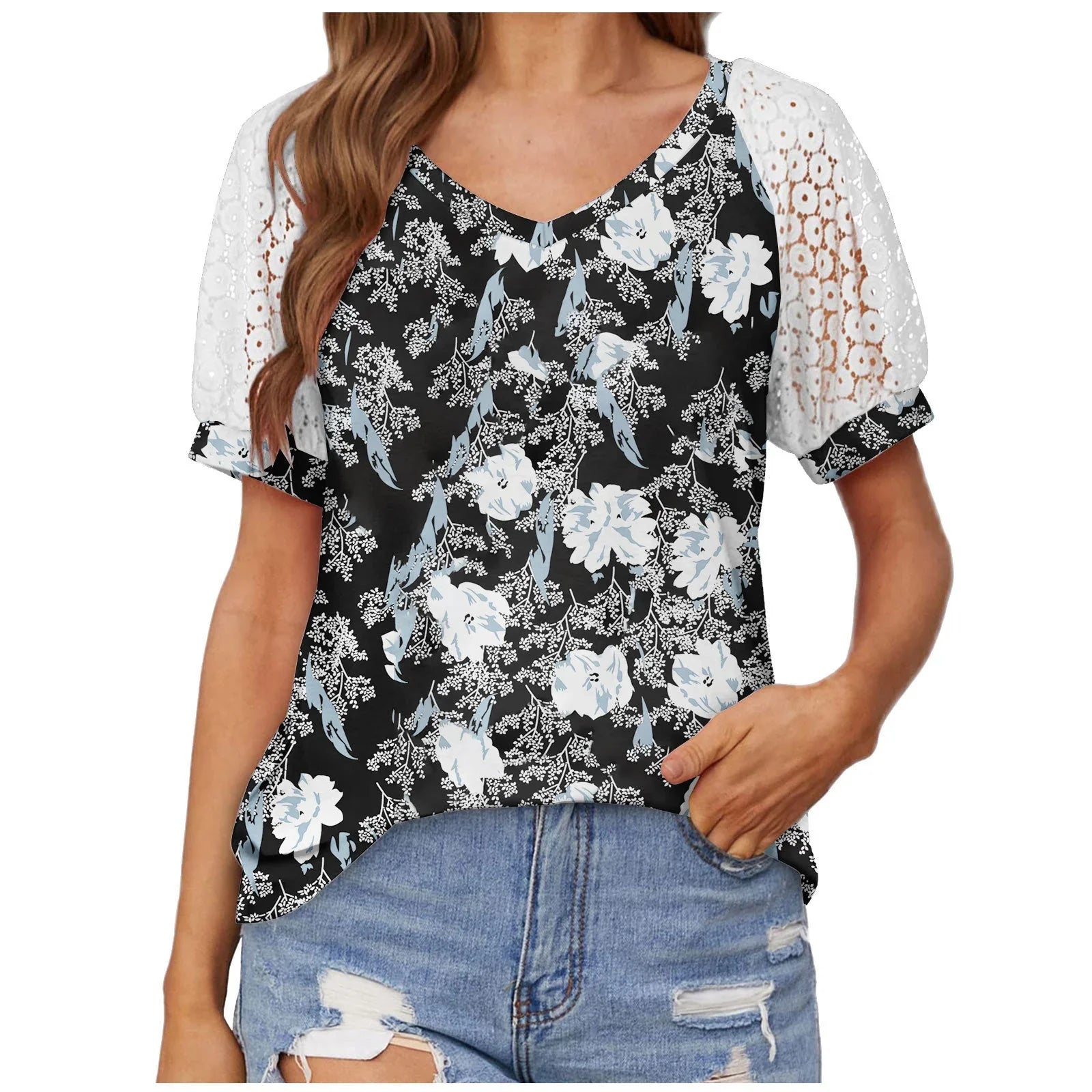 V-neck Lace Stitching Casual T-shirt For Women - VAleG