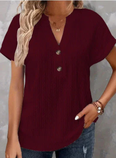 Women's Batwing Sleeve Solid Color And V-neck Button T-shirt - VAleG