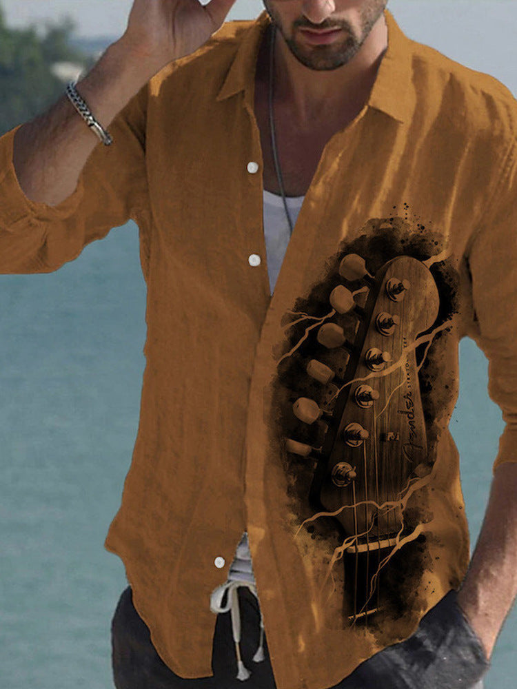 Color Matching Bamboo Linen Printed Men's Shirt VAleG