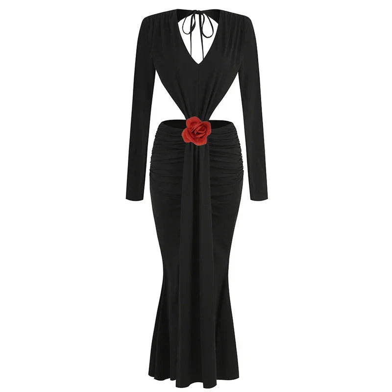 Sexy V-neck Backless Long Sleeves Skirt Waist Decorative Flower Split Fishtail Gown Dress Long - VAleG