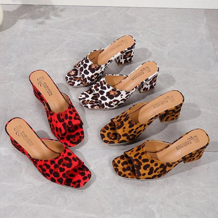 Leopard Square Toe Sandals Summer High-heeled Slippers Chunky Heel Shoes For Women - VAleG