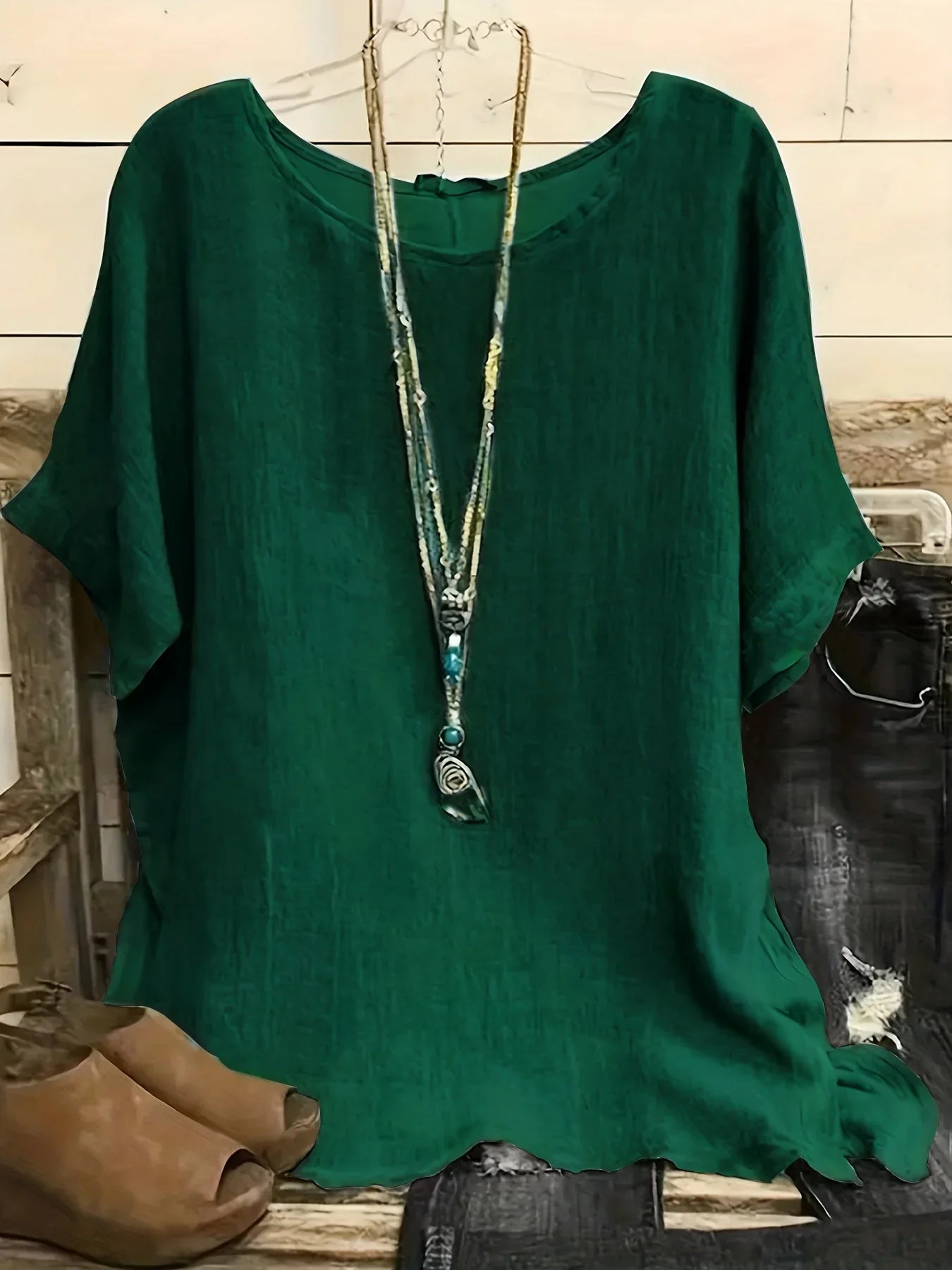 Women Fashion Casual Shirts Solid Color 3 4 Sleeve Round Neck Blouses Summer Loose Tops Streetwear - VAleG