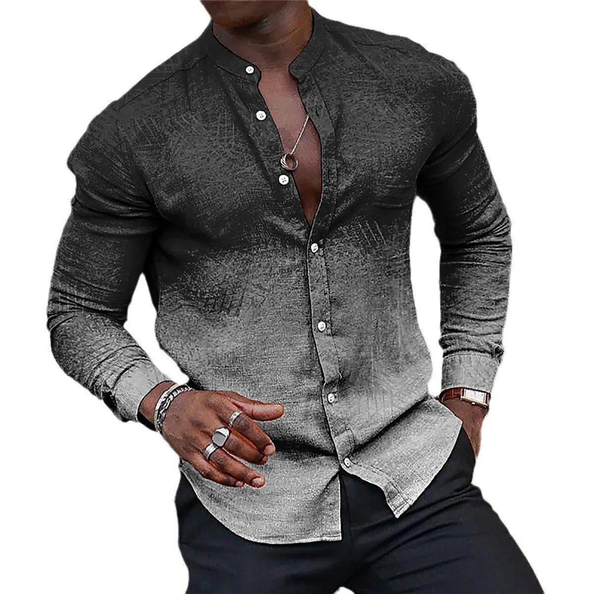 Gradient Men's Casual Long Sleeve Stand Collar Shirt - VAleG