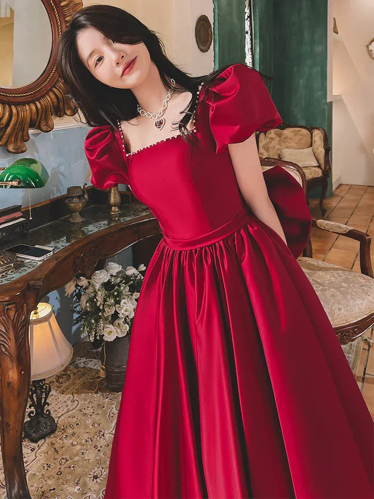Winter Wine Red Engagement Daily French Princess On The Run Satin Dress - VAleG