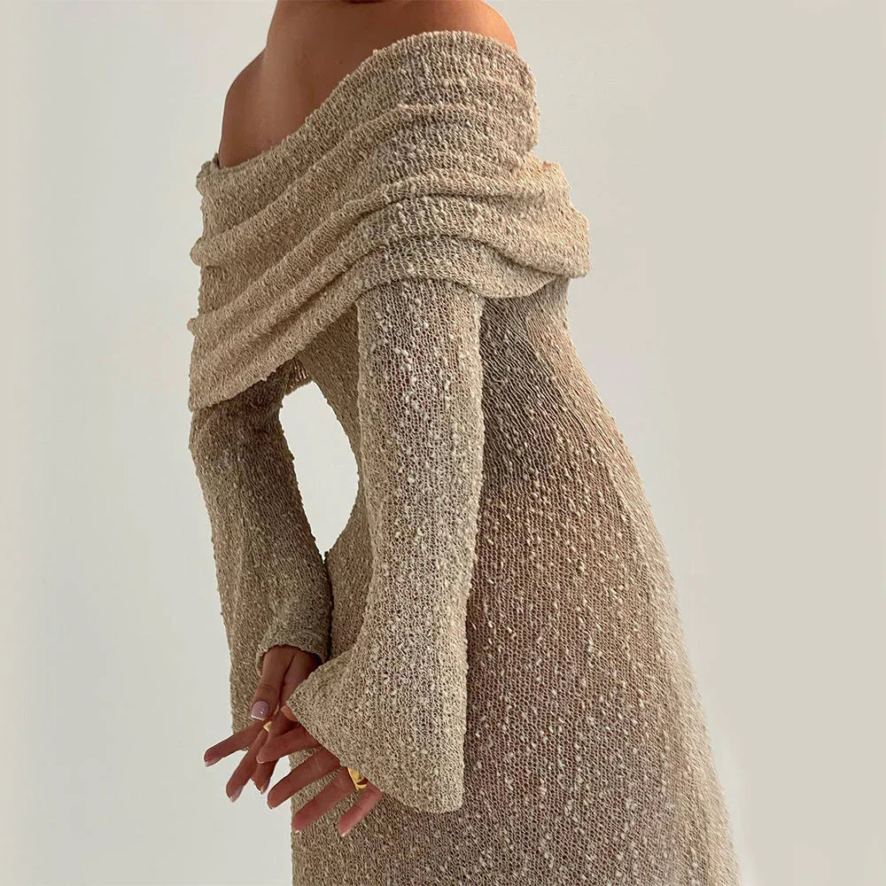 New One-shoulder Knitted Long-sleeved Dress Sexy Beach Holiday Long Dresses Womens Clothing - VAleG