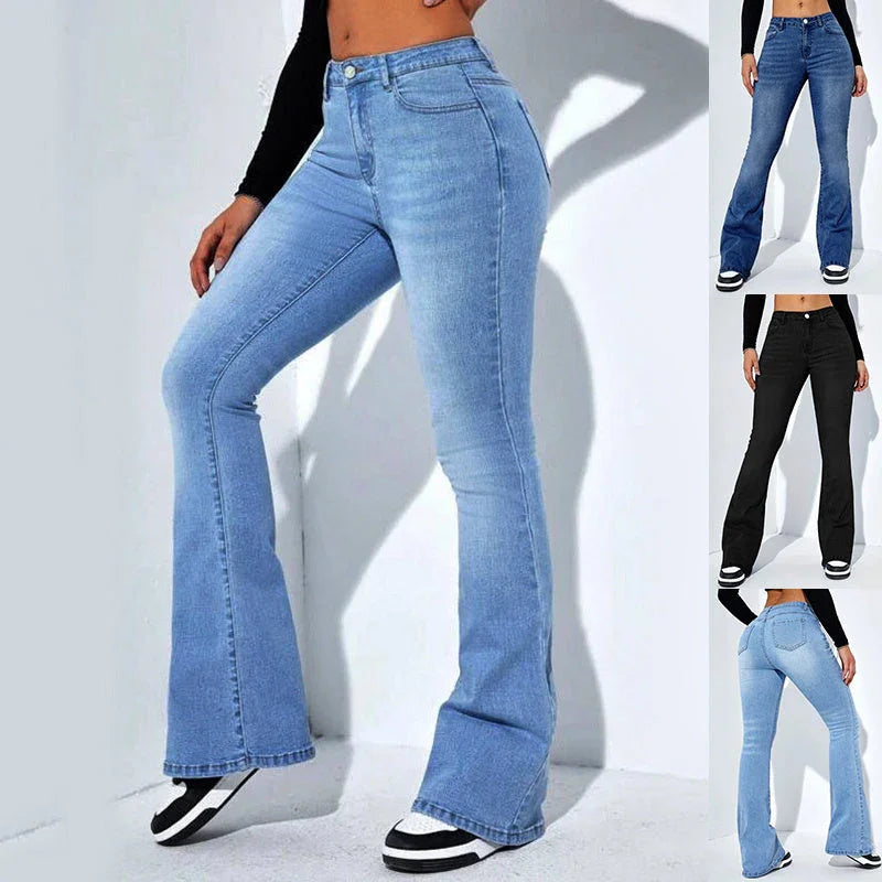 Women's Slim-fit Jeans Pants With Flared Design Fashion Casual High Waist Stretch Trousers - VAleG