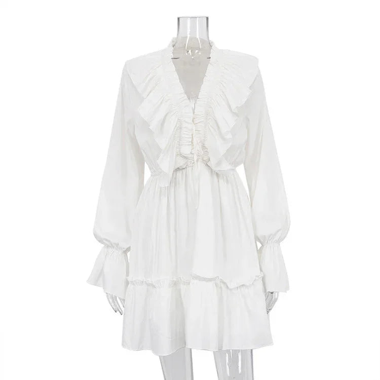 Fashion V Neck Pleated Ruffle Long Sleeve Dress Y2K V Neck Flared Sleeve Short Dress Women's Clothing - VAleG