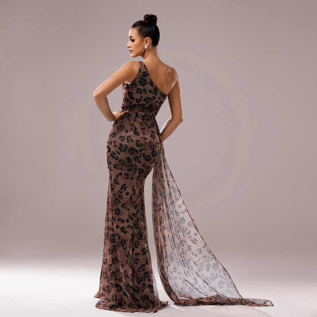 One-shoulder Diagonal Collar Leopard Sequined Evening Dress - VAleG