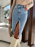 Split Fashion Casual Solid Denim Buttocks Skirt - VAleG