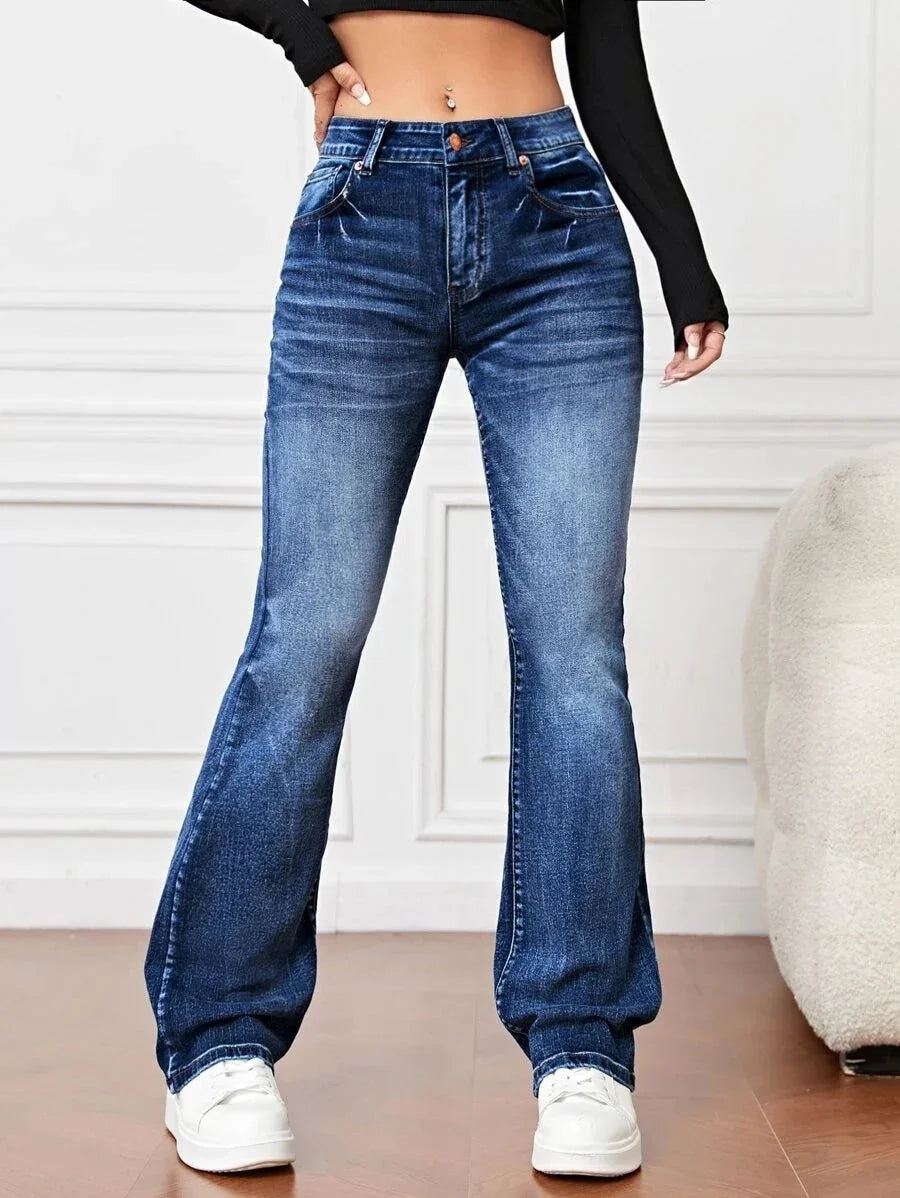 Denim High Waist Loose And Slimming Bootcut Trousers - VAleG