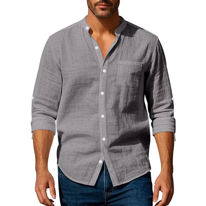 Long Sleeve Stand Collar Casual Men's Pocket Shirt - VAleG