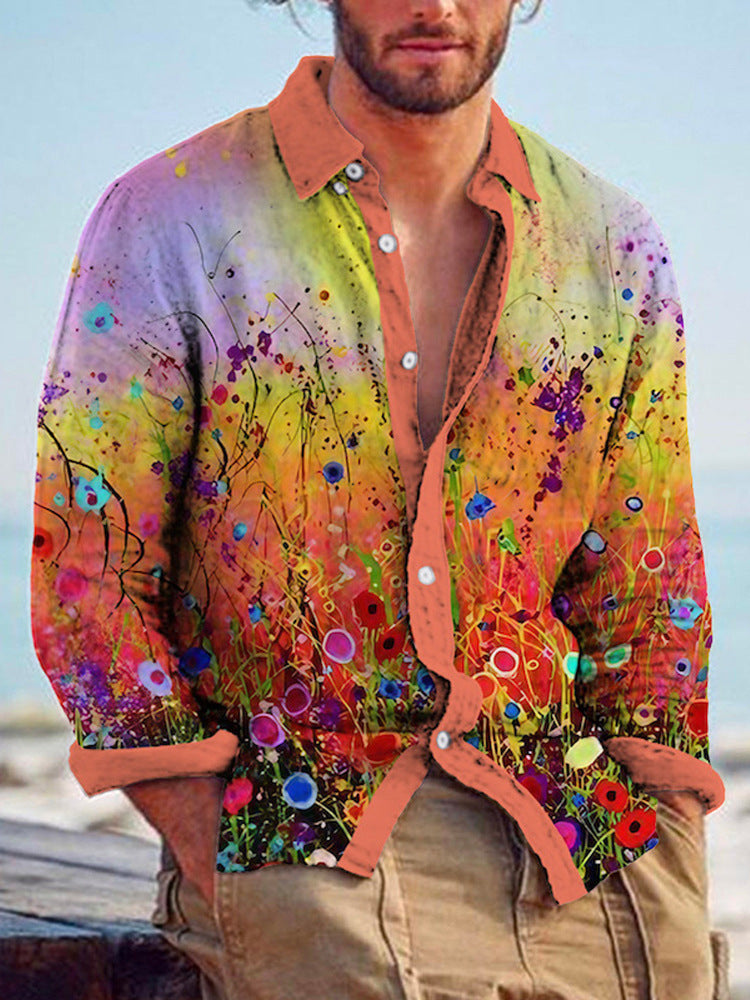 Color Matching Bamboo Linen Printed Men's Shirt VAleG