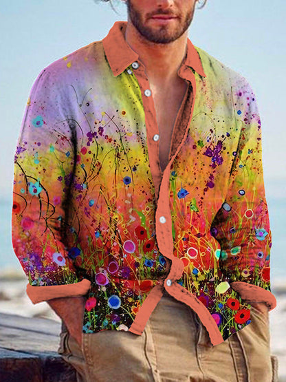 Color Matching Bamboo Linen Printed Men's Shirt VAleG