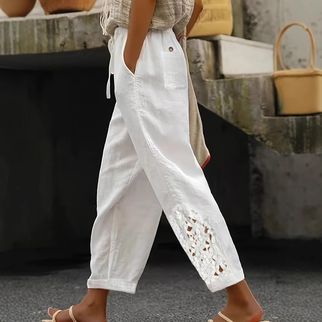 Pantaloni casual dritti da donna con coulisse in pizzo