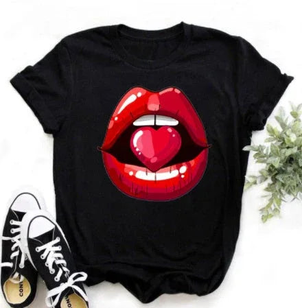 Leopard Print Love Lip Print Fashion Western Style Summer Ladies Print Short-sleeved T-shirt Top - VAleG