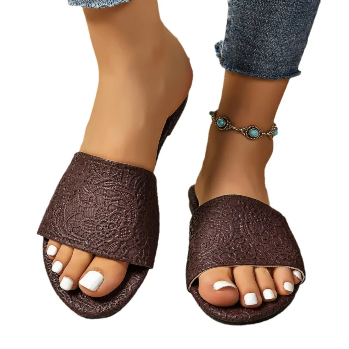 Retro Textured Flat Sandals Summer Non-slip Slides Beach Shoes For Women - VAleG