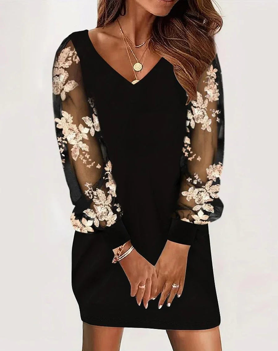 Long-sleeved V-neck Dress Spring And Autumn New Style Lace Splicing Dress For Womens Clothing - VAleG