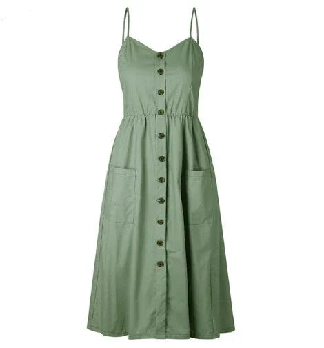 Sexy Suspender Button Pocket Halter Dress - VAleG