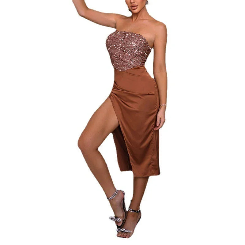 Sexy Tube Top Temperament High Slit Pure Color Sequins Evening Dress - VAleG