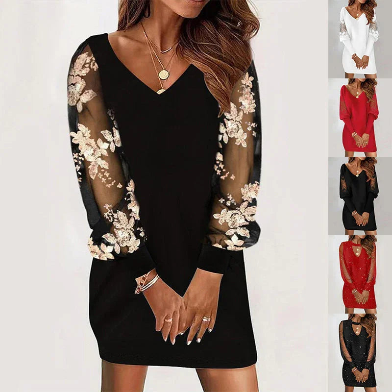 Long-sleeved V-neck Dress Spring And Autumn New Style Lace Splicing Dress For Womens Clothing - VAleG