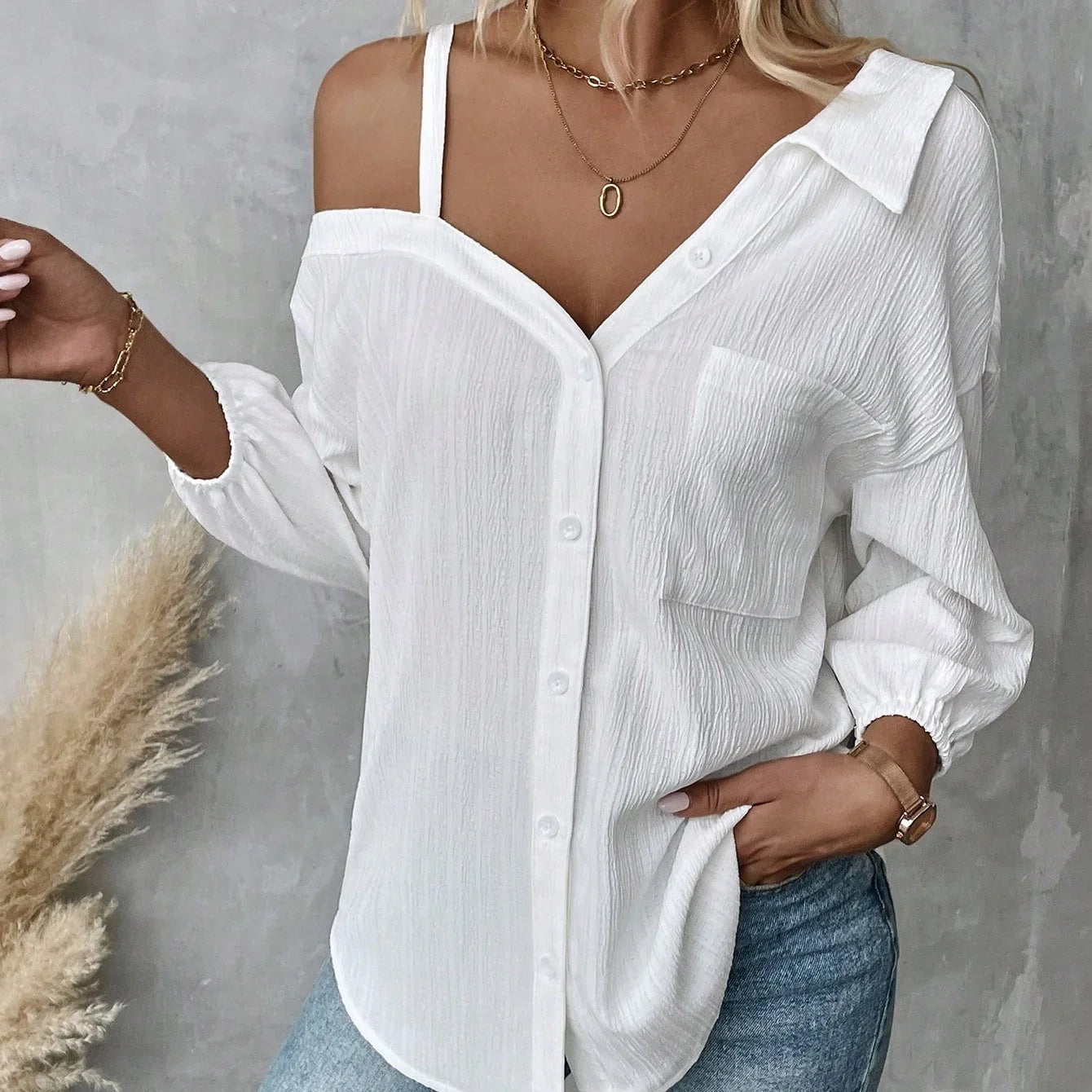 Fall Solid Color White Asymmetric Collar Dropped Shoulder Loose Casual Blouse Spring And Summer New Fashion Street Style Casual Asymmetrical Shoulder Shirt - VAleG