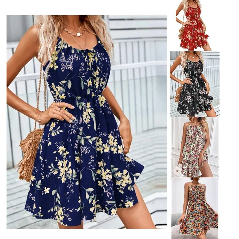 Floral Print Suspender Dress With Elastic Waist Design Fashion Summer Short Dresses Womens Clothing - VAleG