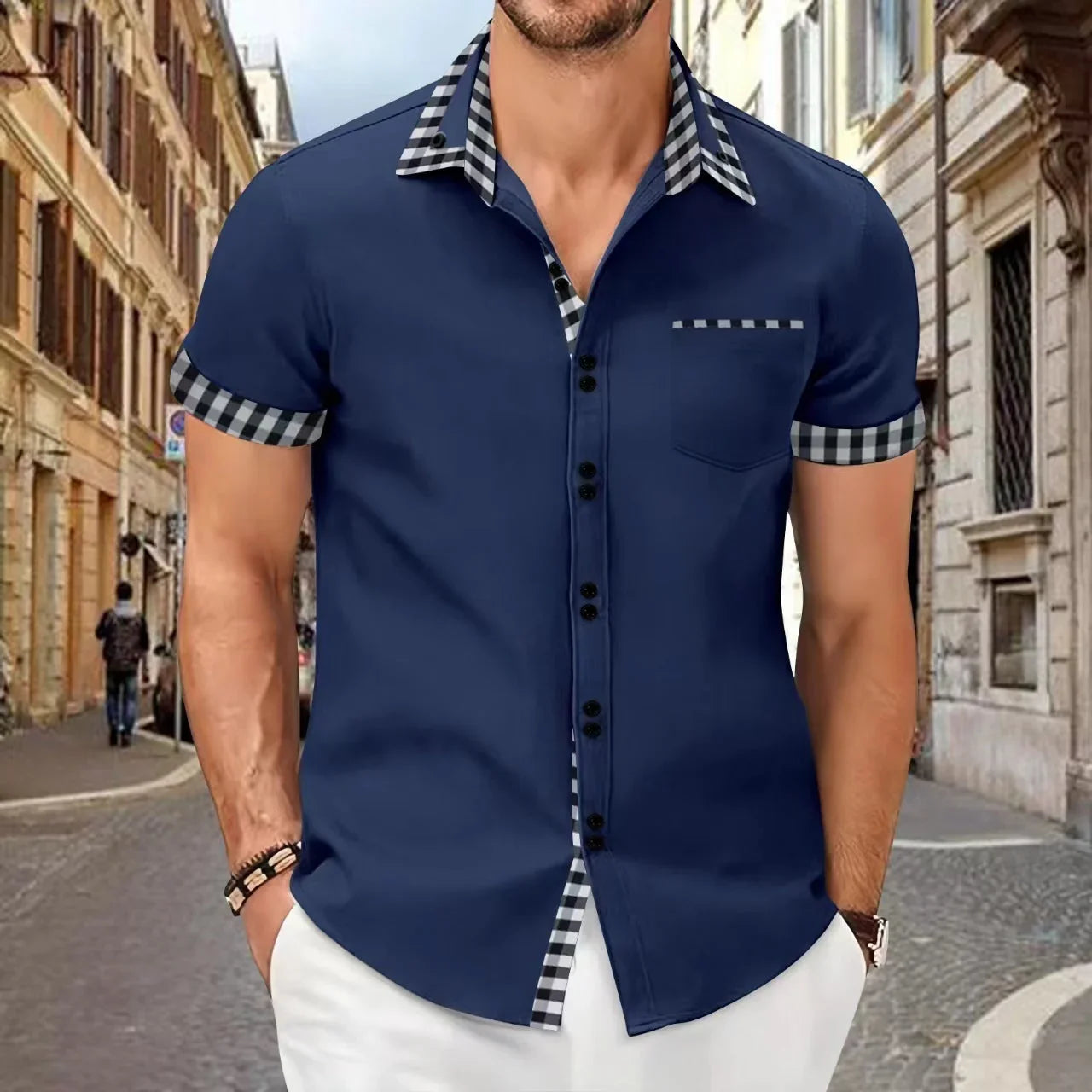 Men's Shirt Casual Pocket Stitching Contrast Color Top - VAleG