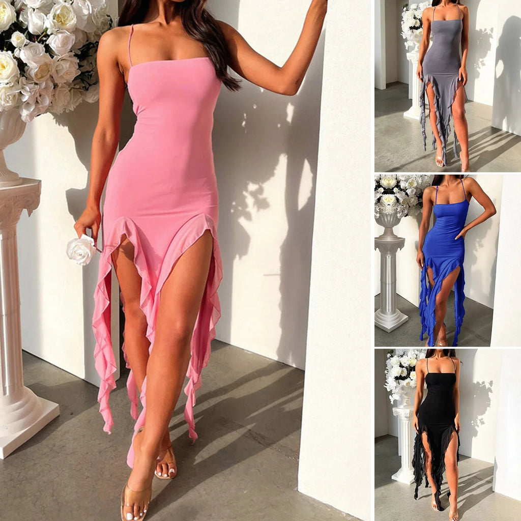 Sexy Suspender Tight Slim Skirt Fashion Split Ruffle Design Dress Summer Womens Clothing - VAleG