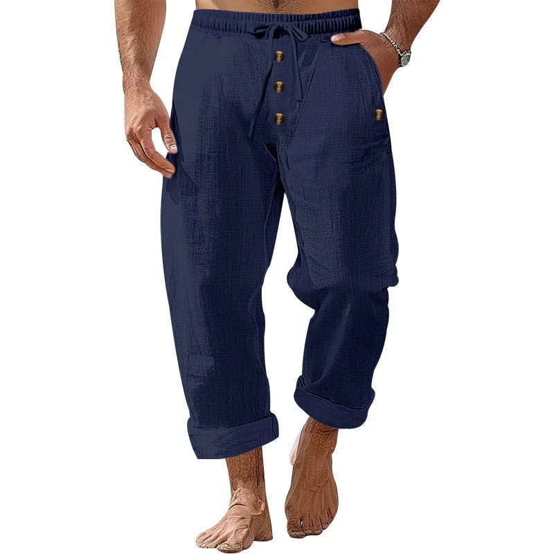 American Beach Pants Solid Color Cotton Linen Loose Drawstring Button Casual Trousers Men - VAleG