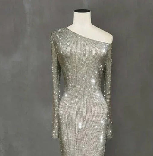 Europe and the United States one shoulder asymmetric sparkling crystal long dress skirt dress - VAleG